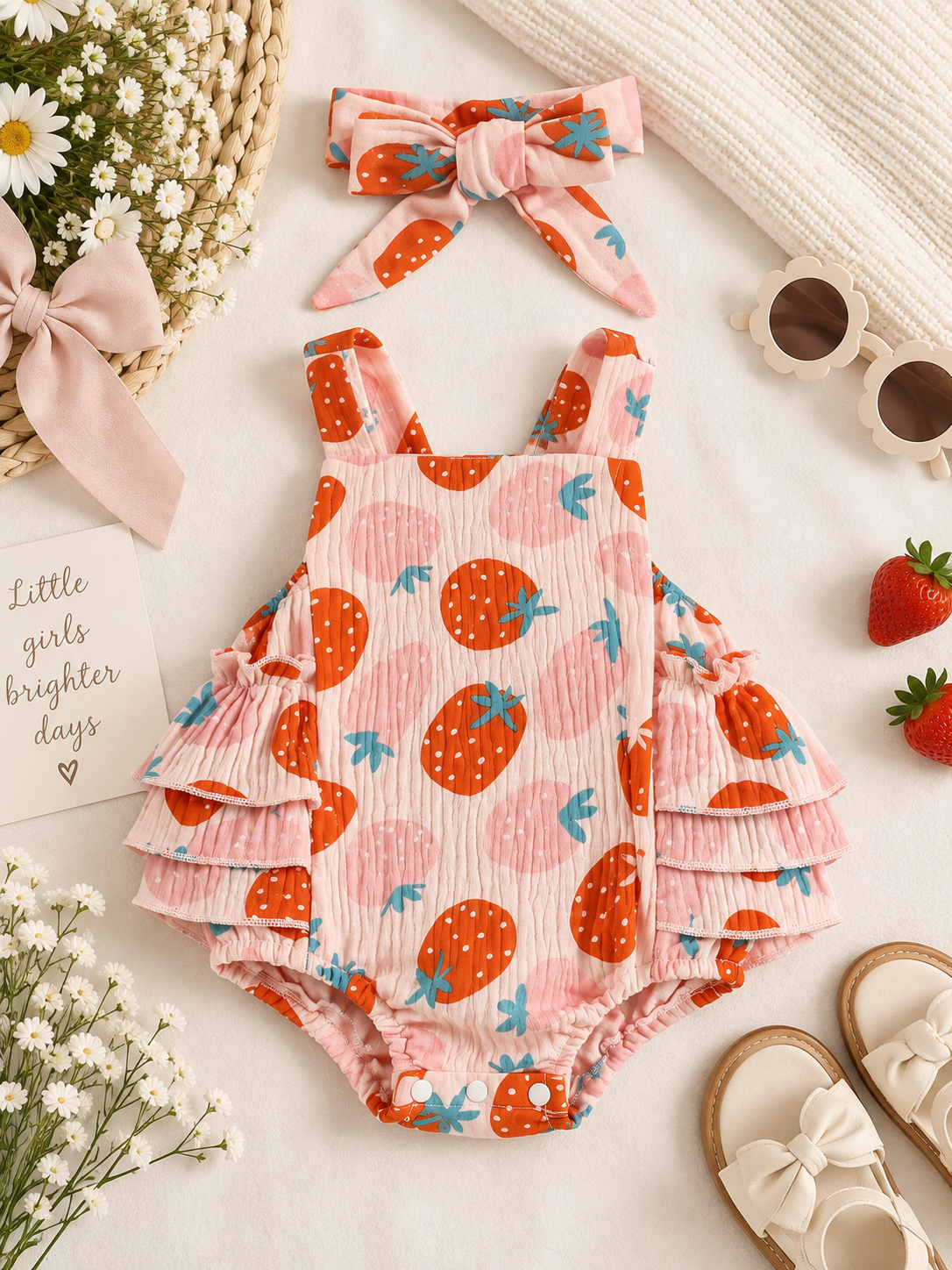 The Strawberry Sweetheart Ruffle Romper w/Headband